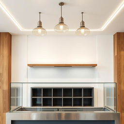 A bakery interior featuring a front view of a counter made of glass and stainless steel