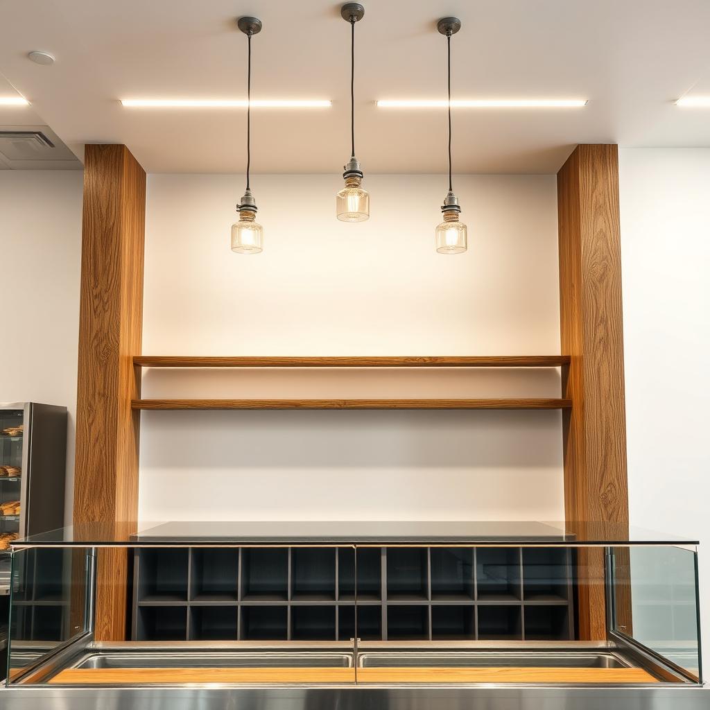 A bakery interior featuring a front view of a counter made of glass and stainless steel