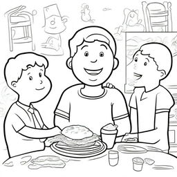 A heartwarming colouring book page of a happy boy sharing his food with friends or those in need.