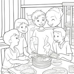 A heartwarming colouring book page of a happy boy sharing his food with friends or those in need.