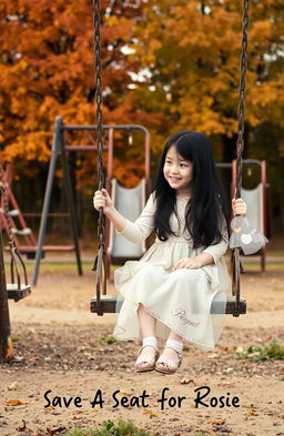 An old playground featuring worn-out swings and rusting slide structures, with a beautiful little girl with dark hair happily swinging on one swing