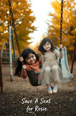 An old playground featuring worn-out swings and rusting slide structures, with a beautiful little girl with dark hair happily swinging on one swing