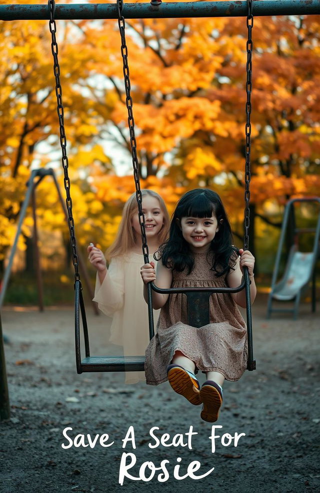 An old playground featuring worn-out swings and rusting slide structures, with a beautiful little girl with dark hair happily swinging on one swing