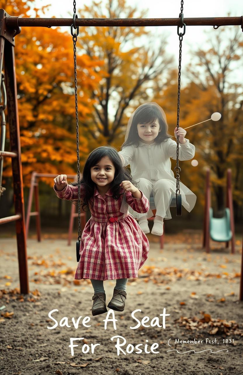 An old playground featuring worn-out swings and rusting slide structures, with a beautiful little girl with dark hair happily swinging on one swing