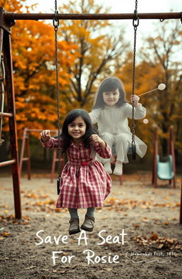 An old playground featuring worn-out swings and rusting slide structures, with a beautiful little girl with dark hair happily swinging on one swing