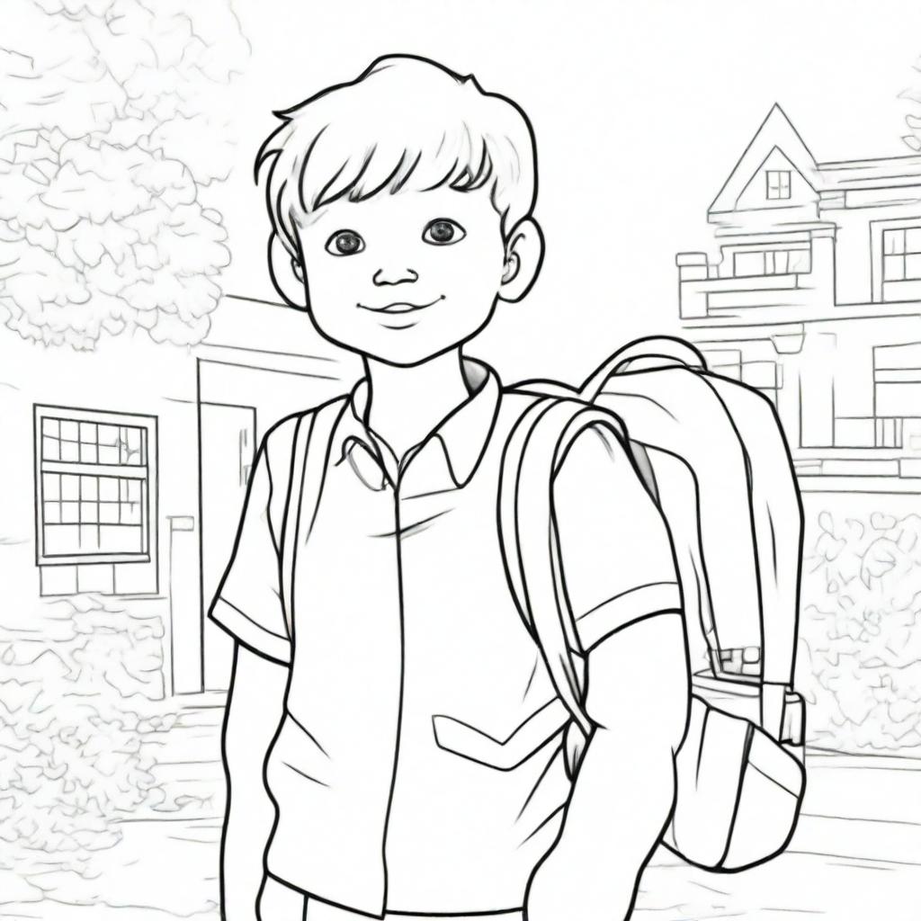 A delightful colouring book page showcasing a young boy ready for school, proudly wearing his backpack.