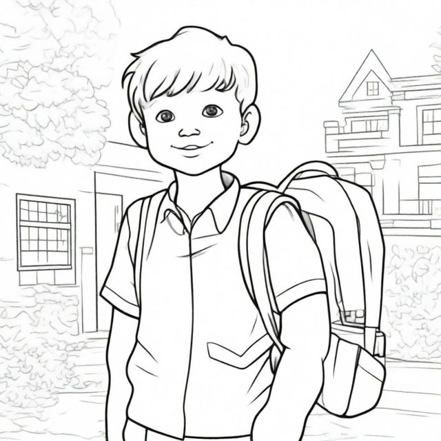 A delightful colouring book page showcasing a young boy ready for school, proudly wearing his backpack.