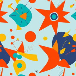 A vibrant print design featuring abstract geometric patterns with bold colors like turquoise, orange, and yellow