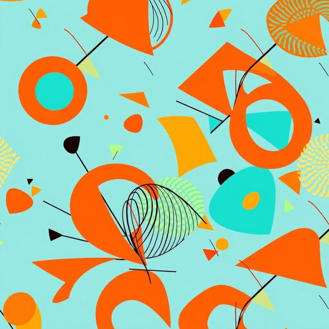 A vibrant print design featuring abstract geometric patterns with bold colors like turquoise, orange, and yellow