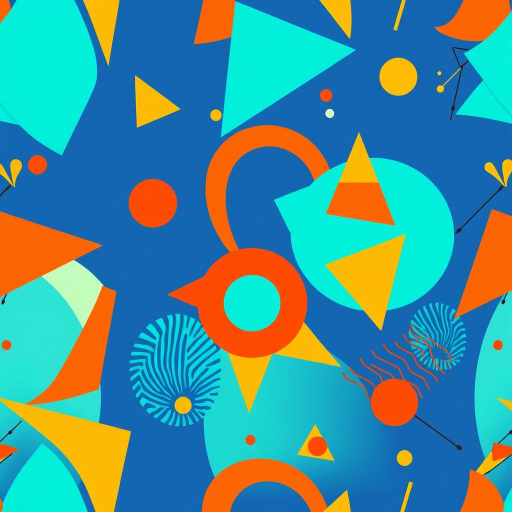 A vibrant print design featuring abstract geometric patterns with bold colors like turquoise, orange, and yellow