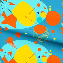 A vibrant print design featuring abstract geometric patterns with bold colors like turquoise, orange, and yellow