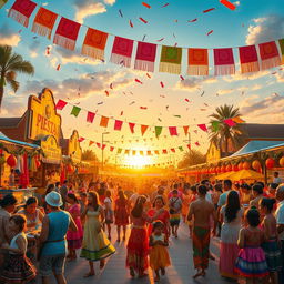 A vibrant scene depicting a large, colorful fiesta, filled with people enjoying various activities such as dancing, eating traditional foods, and playing games
