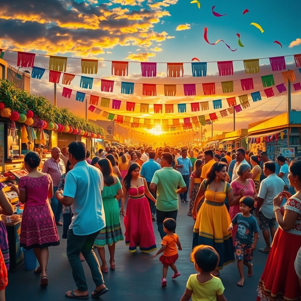 A vibrant scene depicting a large, colorful fiesta, filled with people enjoying various activities such as dancing, eating traditional foods, and playing games