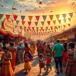 A vibrant scene depicting a large, colorful fiesta, filled with people enjoying various activities such as dancing, eating traditional foods, and playing games