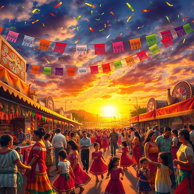 A vibrant scene depicting a large, colorful fiesta, filled with people enjoying various activities such as dancing, eating traditional foods, and playing games