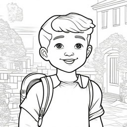 A delightful colouring book page showcasing a young boy ready for school, proudly wearing his backpack.