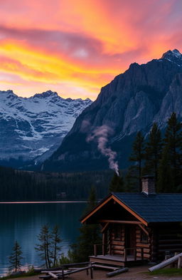 A majestic mountain landscape during sunrise, with vibrant orange and pink skies illuminating snow-capped peaks