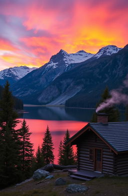 A majestic mountain landscape during sunrise, with vibrant orange and pink skies illuminating snow-capped peaks