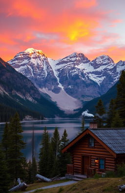 A majestic mountain landscape during sunrise, with vibrant orange and pink skies illuminating snow-capped peaks