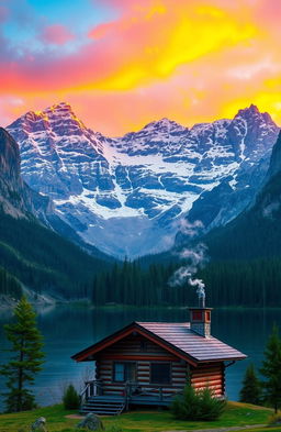 A majestic mountain landscape during sunrise, with vibrant orange and pink skies illuminating snow-capped peaks