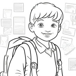 A delightful colouring book page showcasing a young boy ready for school, proudly wearing his backpack.