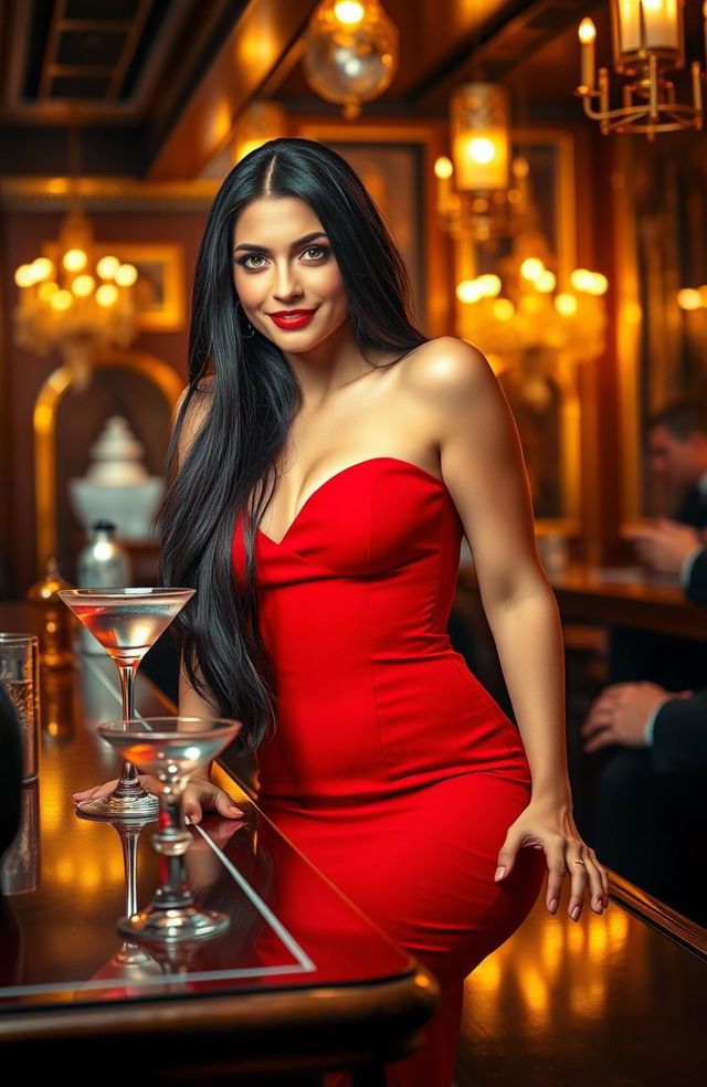 A sultry woman with long, flowing black hair and striking green eyes, dressed in a form-fitting red cocktail dress that accentuates her curves