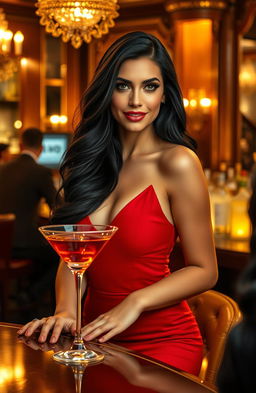 A sultry woman with long, flowing black hair and striking green eyes, dressed in a form-fitting red cocktail dress that accentuates her curves