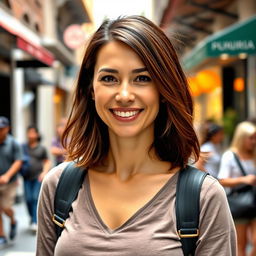 A 35-year-old woman with medium-length brunette hair, wearing casual yet stylish clothing