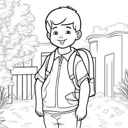 A delightful colouring book page showcasing a young boy ready for school, proudly wearing his backpack.