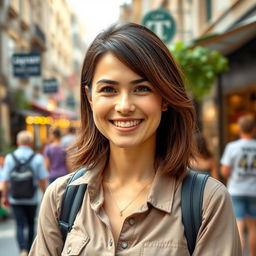 A 35-year-old woman with medium-length brunette hair, wearing casual yet stylish clothing