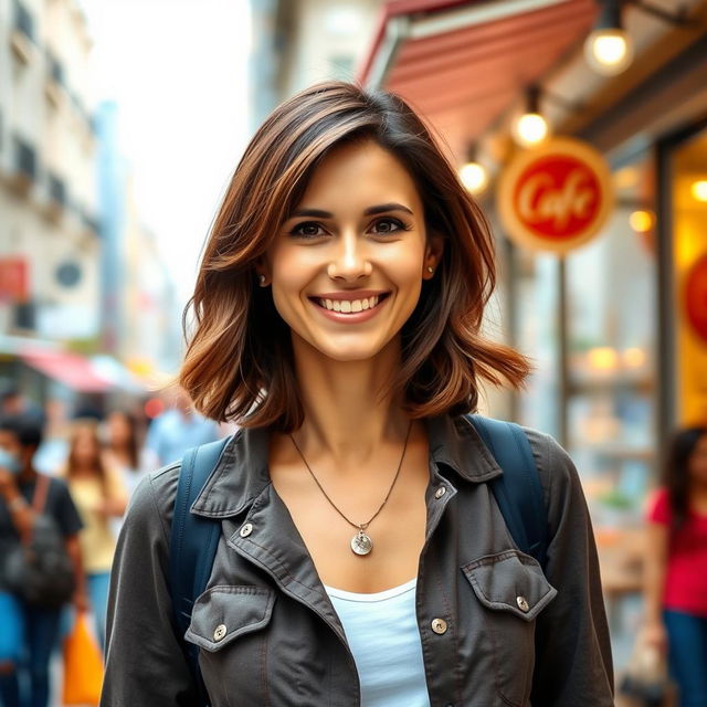 A 35-year-old woman with medium-length brunette hair, wearing casual yet stylish clothing