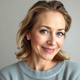A woman aged 35-45 with a friendly smile and a slightly thoughtful gaze