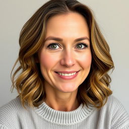 A woman aged 35-45 with a friendly smile and a slightly thoughtful gaze