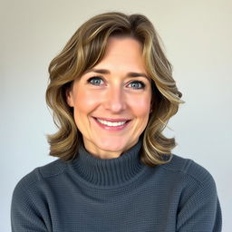 A woman aged 35-45 with a friendly smile and a slightly thoughtful gaze