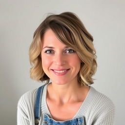 A woman aged 35-37 with a friendly smile and a slightly thoughtful gaze