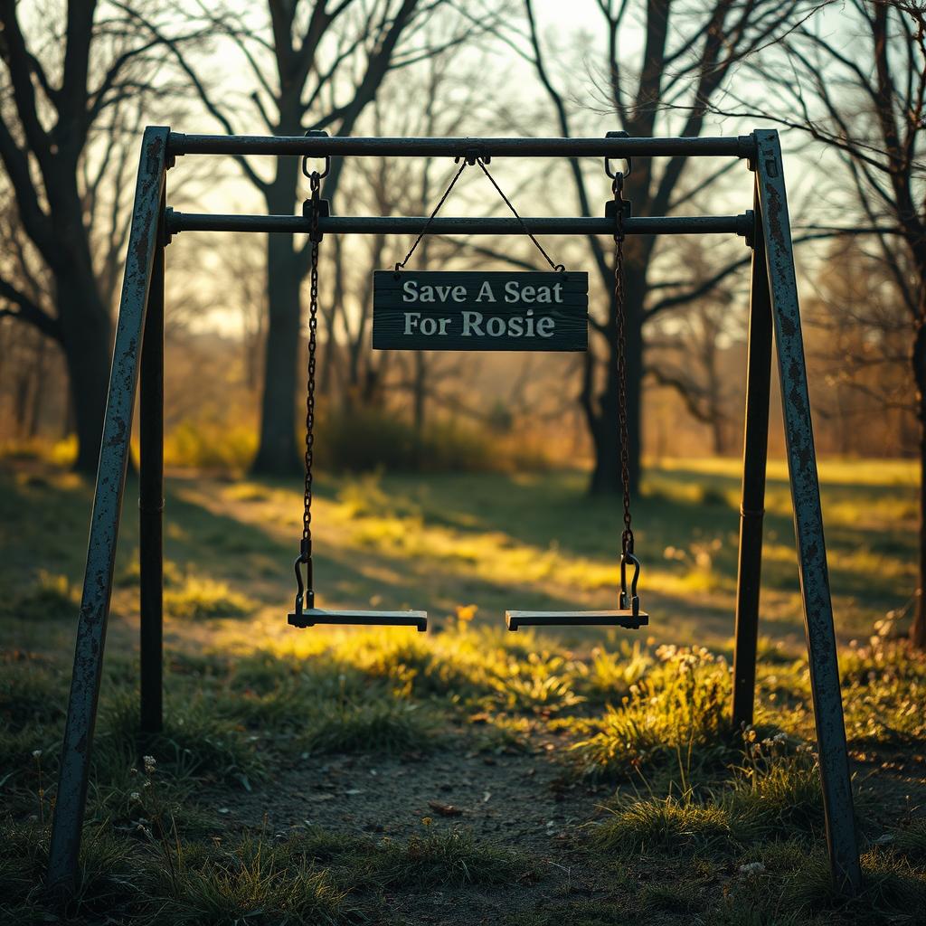 An old abandoned swing set in a deserted park, featuring two rusty swings, gently swaying in the breeze