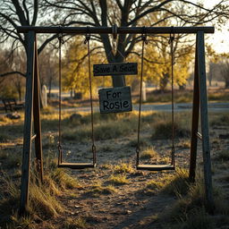 An old abandoned swing set in a deserted park, featuring two rusty swings, gently swaying in the breeze