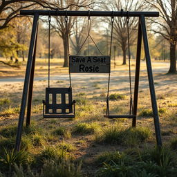 An old abandoned swing set in a deserted park, featuring two rusty swings, gently swaying in the breeze