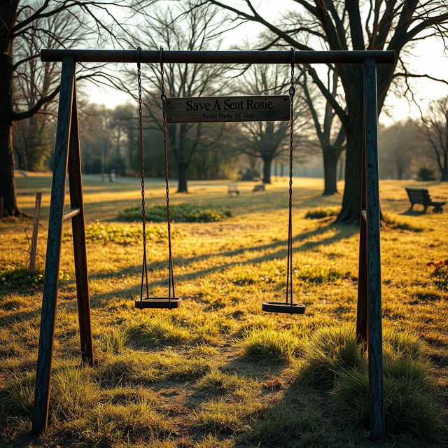 An old abandoned swing set in a deserted park, featuring two rusty swings, gently swaying in the breeze