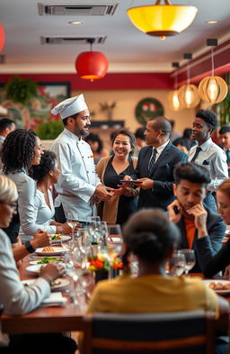 A vibrant and dynamic scene depicting a diverse team of hospitality workers collaborating in a busy restaurant setting