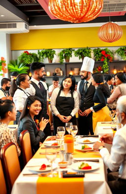 A vibrant and dynamic scene depicting a diverse team of hospitality workers collaborating in a busy restaurant setting