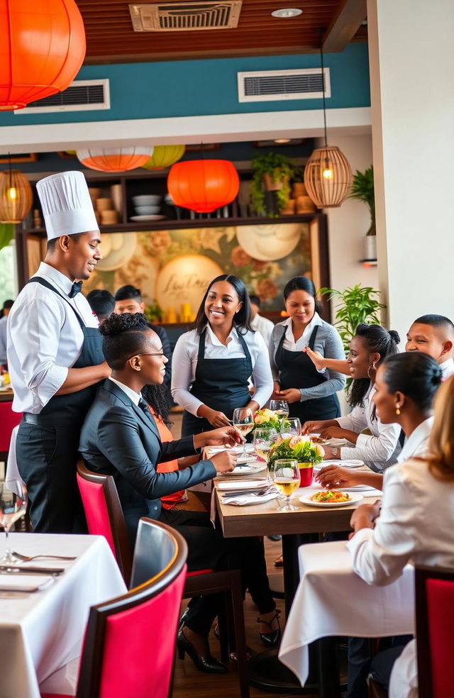 A vibrant and dynamic scene depicting a diverse team of hospitality workers collaborating in a busy restaurant setting