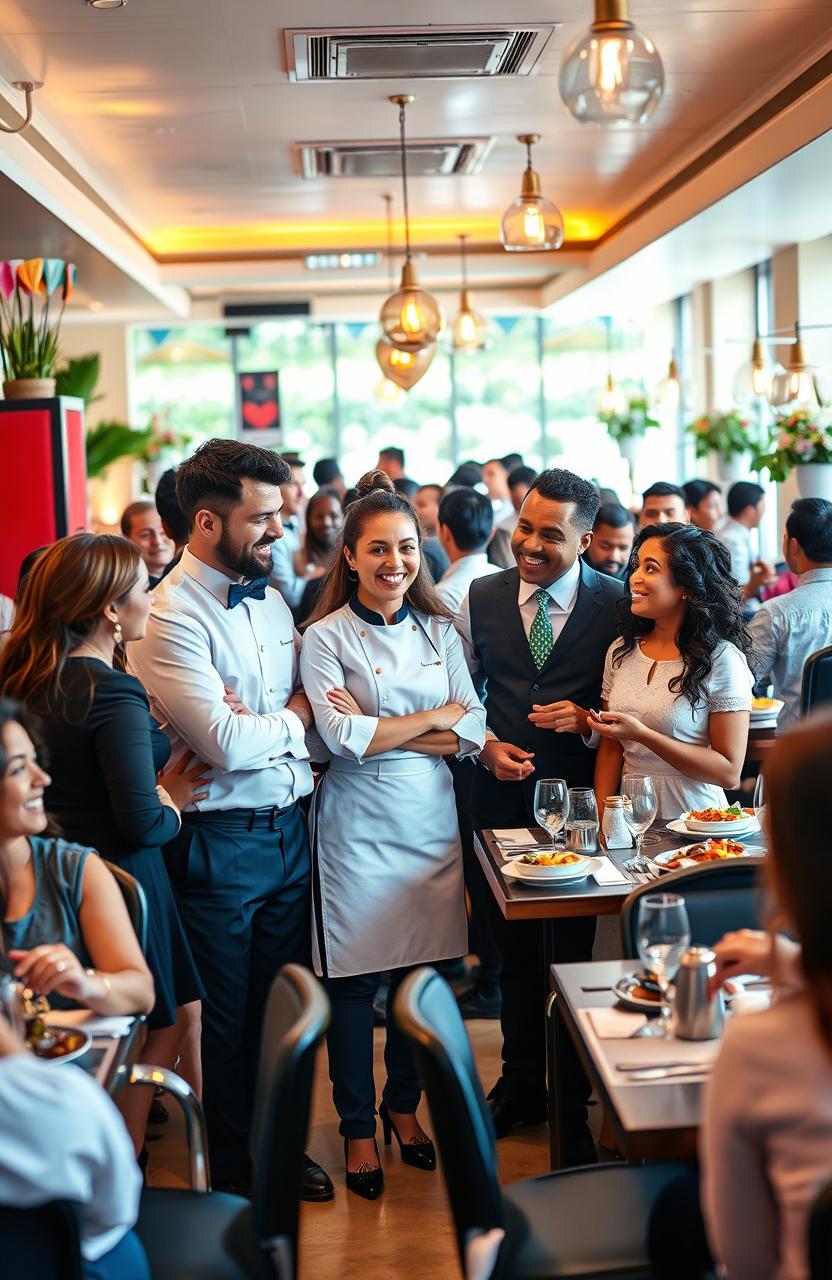 A vibrant and dynamic scene depicting a diverse team of hospitality workers collaborating in a busy restaurant setting