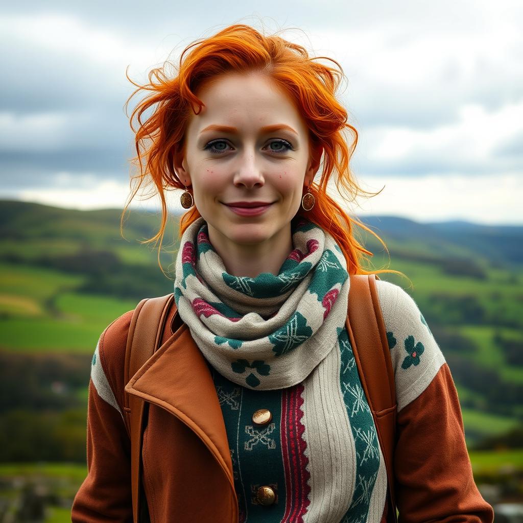 A 35-year-old woman with European features, red hair, and freckles, embodying an Irish heritage