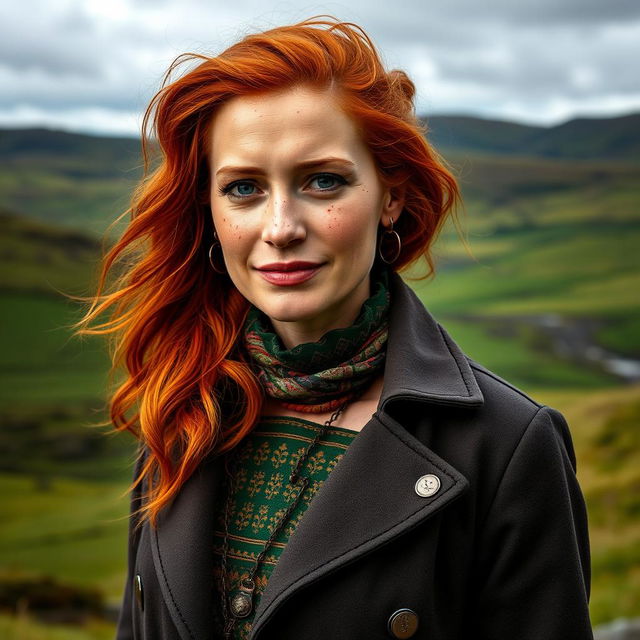 A 35-year-old woman with European features, red hair, and freckles, embodying an Irish heritage