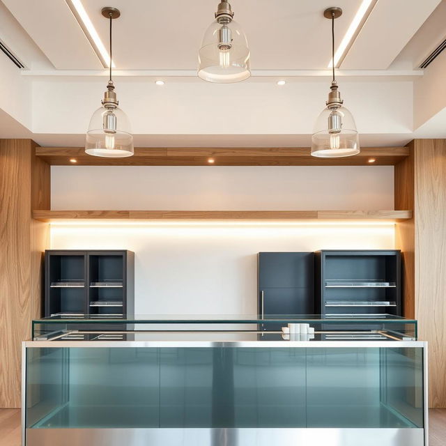 Interior of a pastry shop, featuring a frontal view of the counter