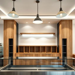 Interior of a pastry shop, featuring a frontal view of the counter