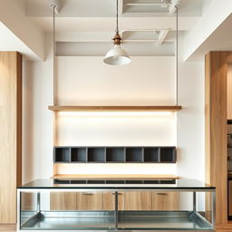 Interior of a pastry shop, featuring a frontal view of the counter