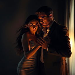 A dramatic, emotionally charged scene depicting a couple in a tense moment, where intense passion transitions into feelings of paranoia