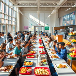 A vibrant cafeteria scene filled with diverse students enjoying their meals